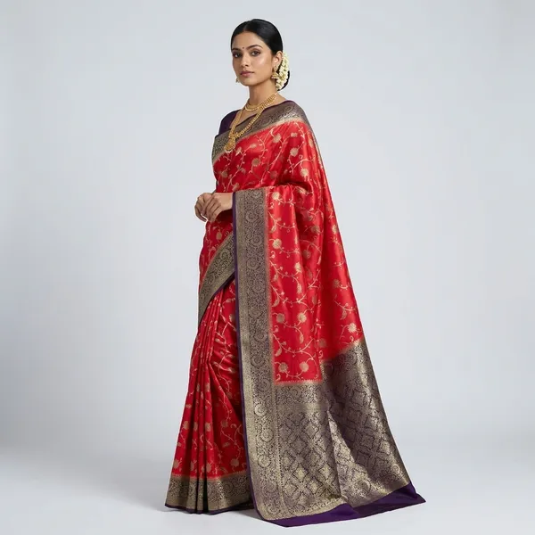 Khaddi_Georgette_In_Red_With_Indigo_Border_Saree_For_Women