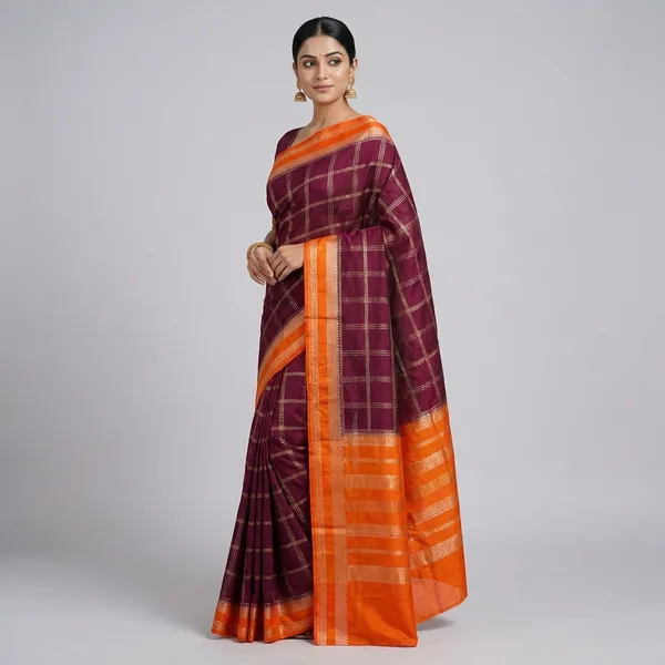 Khaddi_Georgette_In_Magenta_With_Orange_Border_Saree_For_Women
