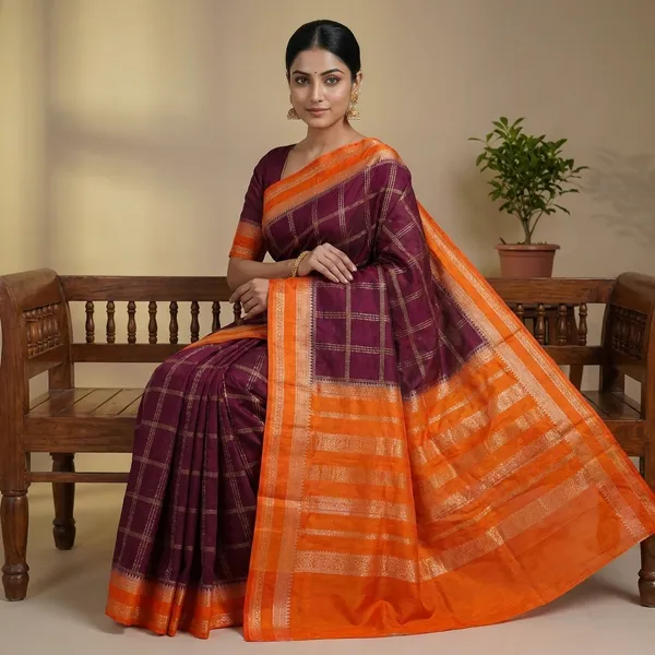 Khaddi_Georgette_In_Magenta_With_Orange_Border_Saree_For_Women