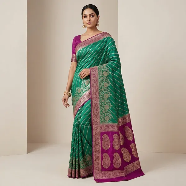 Khaddi_Georgette_In_Bottle_Green_With_Magenta_Border_Saree_For_Women