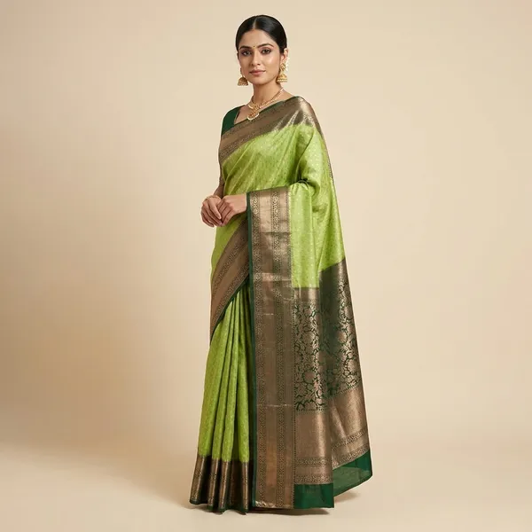 Soft_Matka_Linen_In_Parrot_Green_With_Bottle_Green_Border_Saree_For_Women
