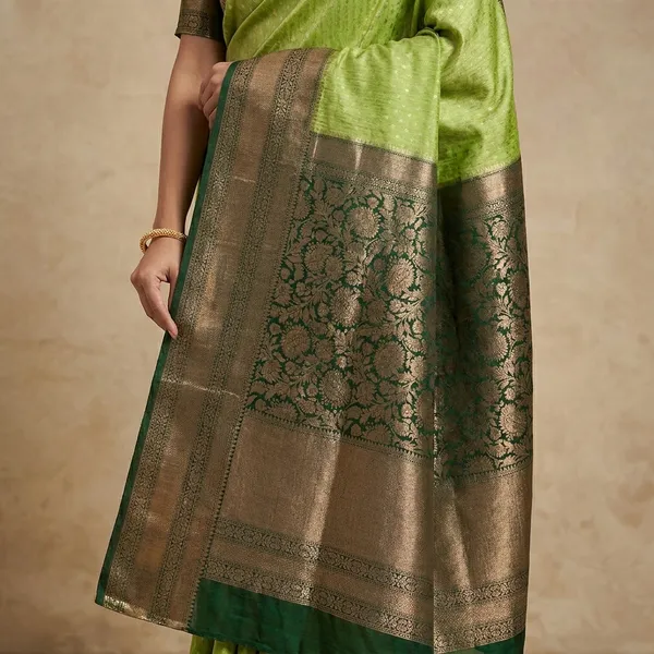 Soft_Matka_Linen_In_Parrot_Green_With_Bottle_Green_Border_Saree_For_Women
