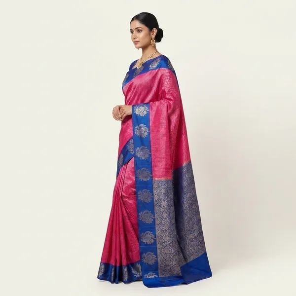 Soft_Matka_Linen_In_Pink_With_Royal_Blue_Border_Saree_For_Women