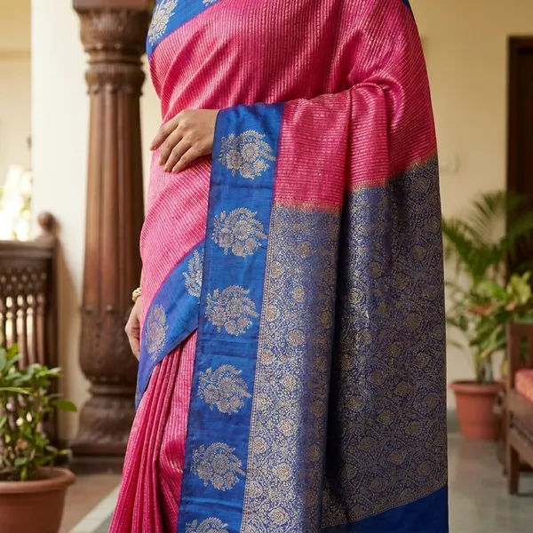 Soft_Matka_Linen_In_Pink_With_Royal_Blue_Border_Saree_For_Women