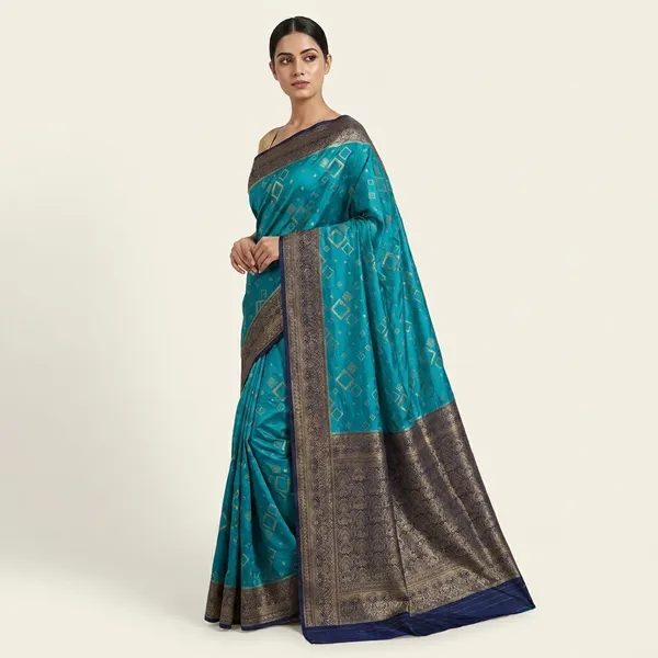 Russian_Silk_Viscose_In_Turquoise_Blue_With_Navy_Blue_Border_Saree_For_Women