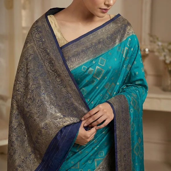 Russian_Silk_Viscose_In_Turquoise_Blue_With_Navy_Blue_Border_Saree_For_Women