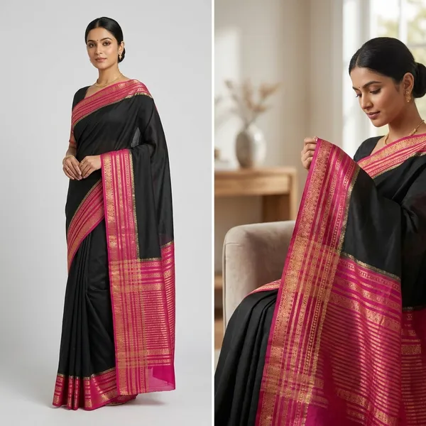 CREPE_Georgette_In_Black_With_Rani_Pink_Border_Saree_For_Women