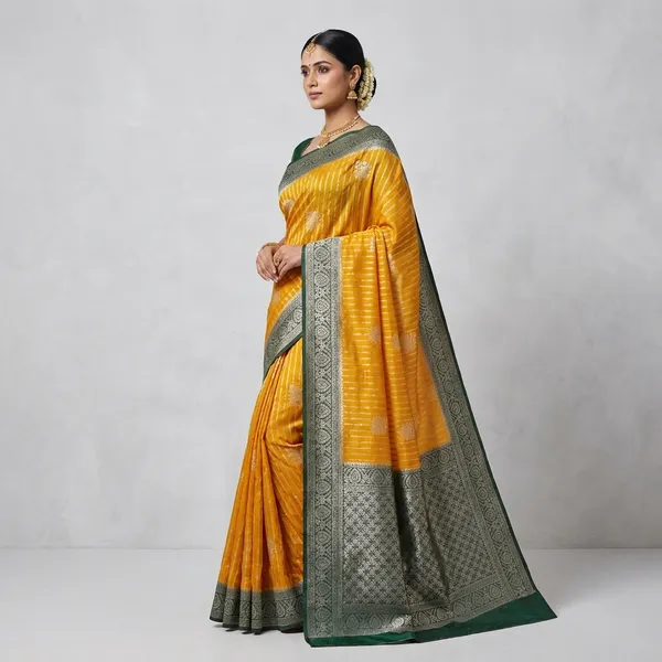 Khaddi_Georgette_In_Mustard_Gold_With_Bottle_Green_Saree_For_Women