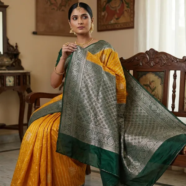 Khaddi_Georgette_In_Mustard_Gold_With_Bottle_Green_Saree_For_Women