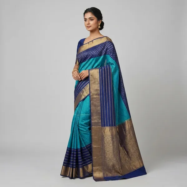 Khaddi_Georgette_In_Blue_With_Royal_Blue_Border_Saree_For_Women