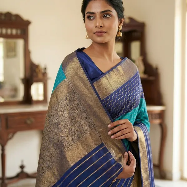 Khaddi_Georgette_In_Blue_With_Royal_Blue_Border_Saree_For_Women