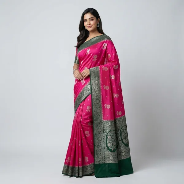 Soft_Matka_Linen_In_Pink_With_Bottle_Green_Saree_For_Women