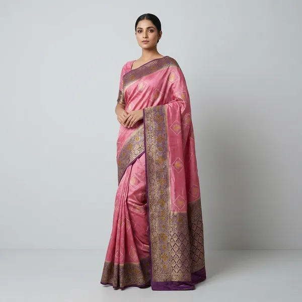 Russian_Silk_In_Baby_Pink_With_Indigo_Border_Saree_For_Women