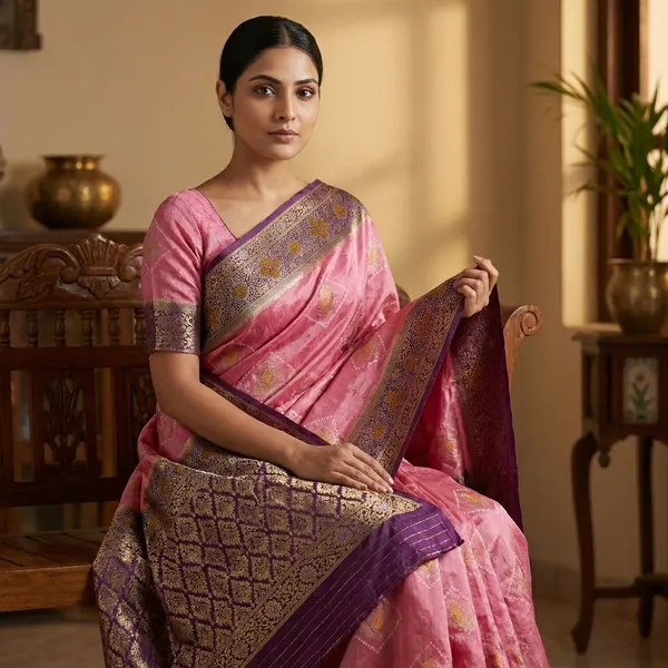 Russian_Silk_In_Baby_Pink_With_Indigo_Border_Saree_For_Women