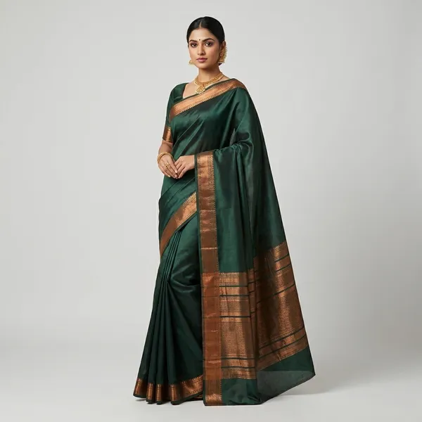 Crepe_Chiffon_In_Bottle_Green_With_Rani_Border_Saree_For_Women