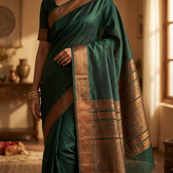 Crepe_Chiffon_In_Bottle_Green_With_Rani_Border_Saree_For_Women