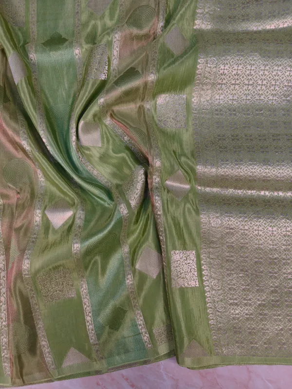 Russian_Silk_In_Pista_Green_With_Stripe_Style_Saree_For_Women