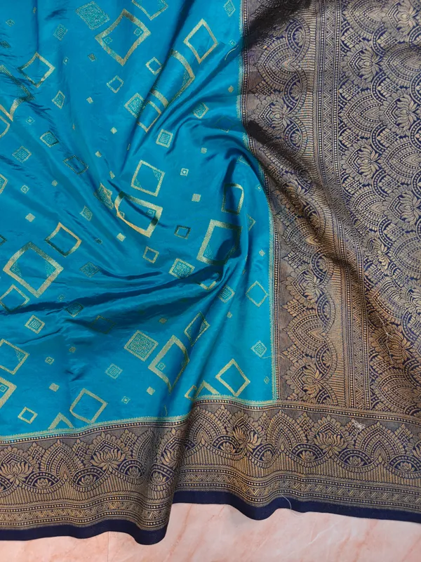 Russian_Silk_Viscose_In_Turquoise_Blue_With_Navy_Blue_Border_Saree_For_Women
