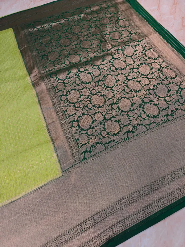 Soft_Matka_Linen_In_Parrot_Green_With_Bottle_Green_Border_Saree_For_Women