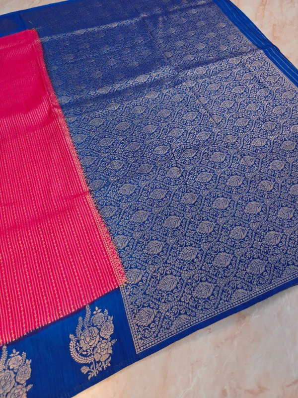 Soft_Matka_Linen_In_Pink_With_Royal_Blue_Border_Saree_For_Women