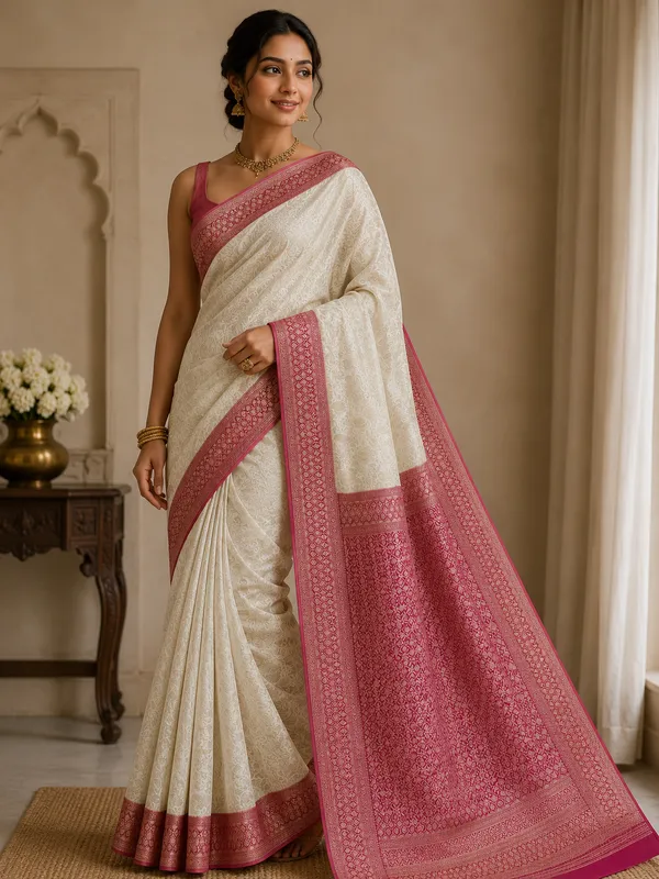 KHADDI_GEORGETTE_IN_CREAM_WITH_RED_BORDER