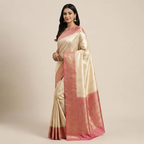 Tasar_Matka_Silk_With_Pink_Border_Saree_For_Women