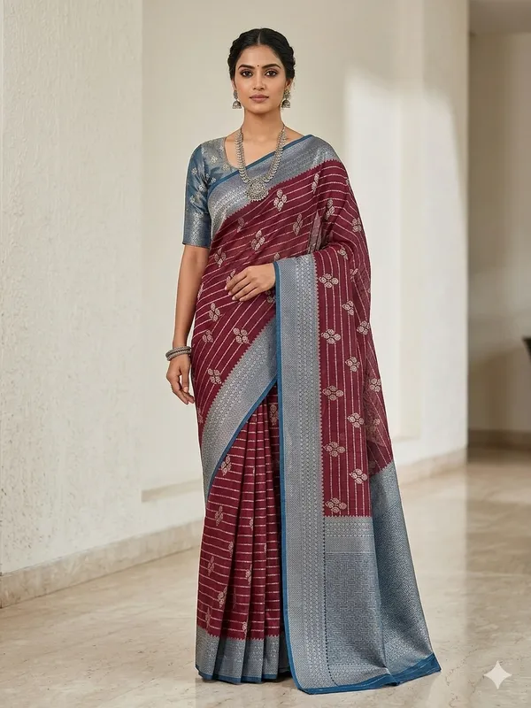 GARNET_COLOUR_SOFT_MATKA_LINEN_WITH_ROYAL_BLUE_BORDER