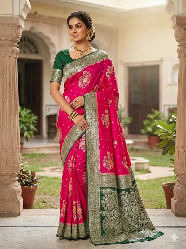 KHADDI_GEORGETTE_IN_RANI_WITH_BOTTLE_GREEN_BORDER
