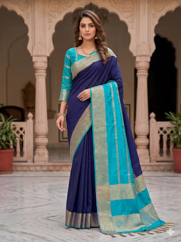 MYSORE_CREPE_IN_NAVY_BLUE_WITH_SEA_GREEN_COLOUR