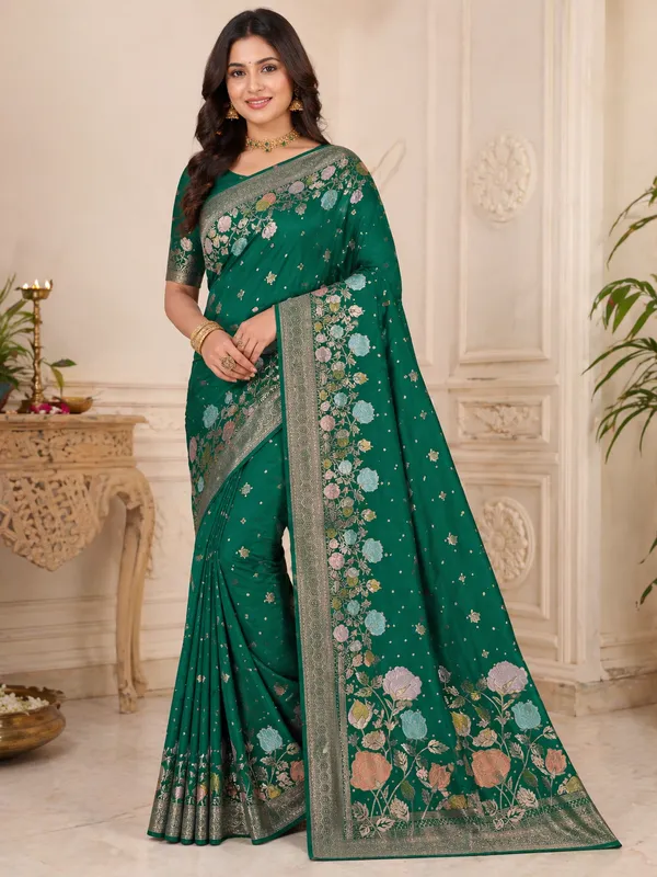 Khaddi_Georgette_In_Green_With_Panchrang_Boota_Saree_For_Women