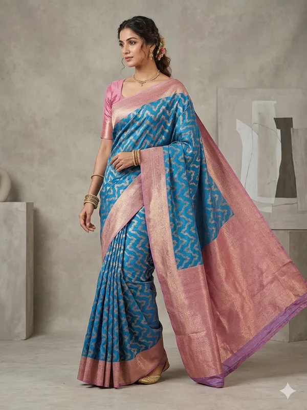 BANARASI_KATAN_SILK_FEROZI_BLUE_WITH_BABY_PINK_BORDER