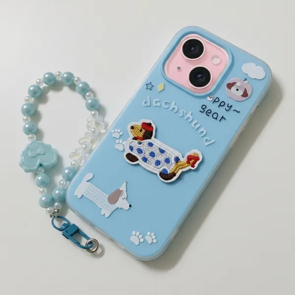 Cute_Dachshund_Puppy_With_Beaded_Wrist_Strap_Case_Cover_for_iPhone_13_And_iPhone_14