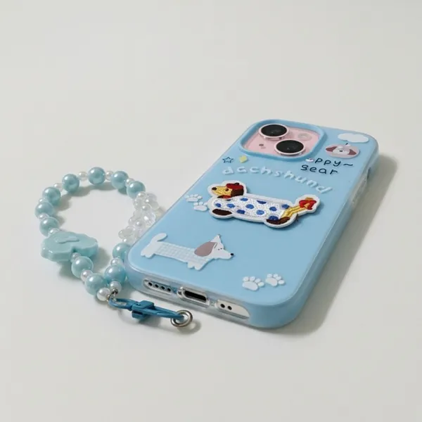 Cute_Dachshund_Puppy_With_Beaded_Wrist_Strap_Case_Cover_for_iPhone_13_And_iPhone_14