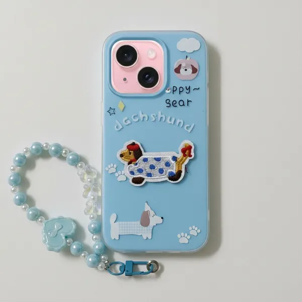 Cute_Dachshund_Puppy_With_Beaded_Wrist_Strap_Case_Cover_for_iPhone_13_And_iPhone_14