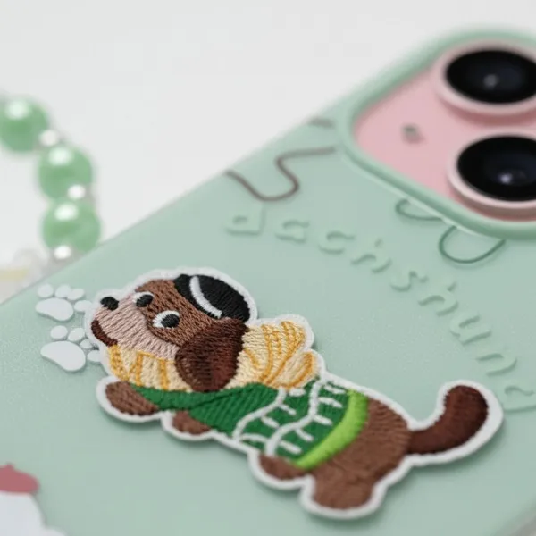 Cute_Dachshund_Puppy_With_Beaded_Wrist_Strap_Case_Cover_for_iPhone_14_Plus_And_iPhone_15_Plus