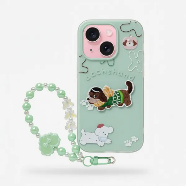 Cute_Dachshund_Puppy_With_Beaded_Wrist_Strap_Case_Cover_for_iPhone_14_Plus_And_iPhone_15_Plus