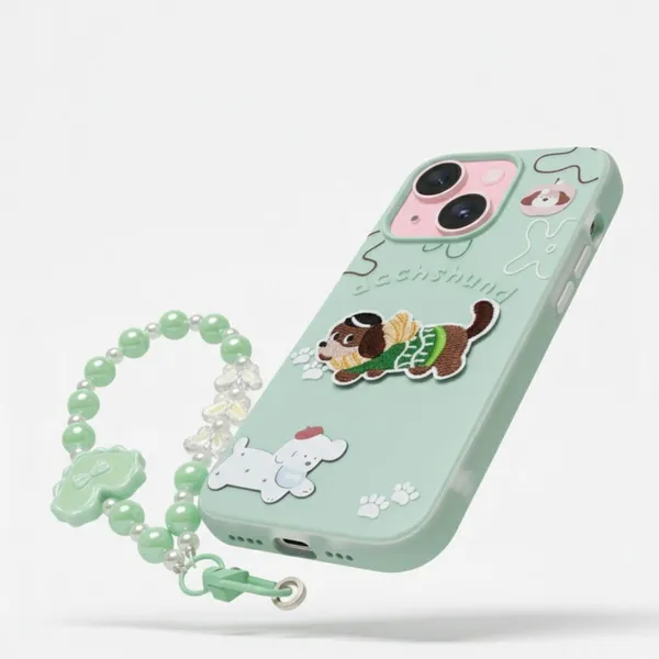 Cute_Dachshund_Puppy_With_Beaded_Wrist_Strap_Case_Cover_for_iPhone_14_Plus_And_iPhone_15_Plus