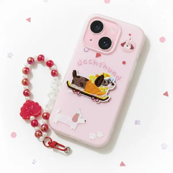 Cute_Dachshund_Puppy_With_Beaded_Wrist_Strap_Case_Cover_for_iPhone_14_Plus_And_iPhone_15_Plus