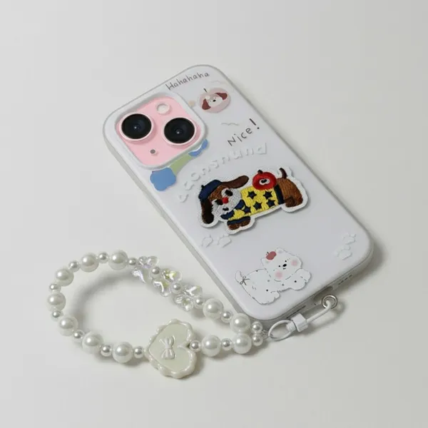 Cute_Dachshund_Puppy_With_Beaded_Wrist_Strap_Case_Cover_for_iPhone_14_Plus_And_iPhone_15_Plus