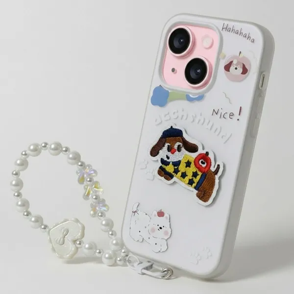 Cute_Dachshund_Puppy_With_Beaded_Wrist_Strap_Case_Cover_for_iPhone_14_Plus_And_iPhone_15_Plus