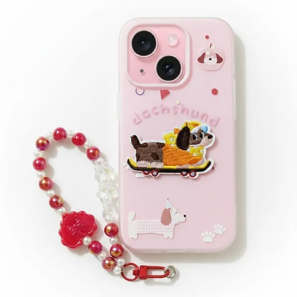 Cute_Dachshund_Puppy_With_Beaded_Wrist_Strap_Case_Cover_for_iPhone_15