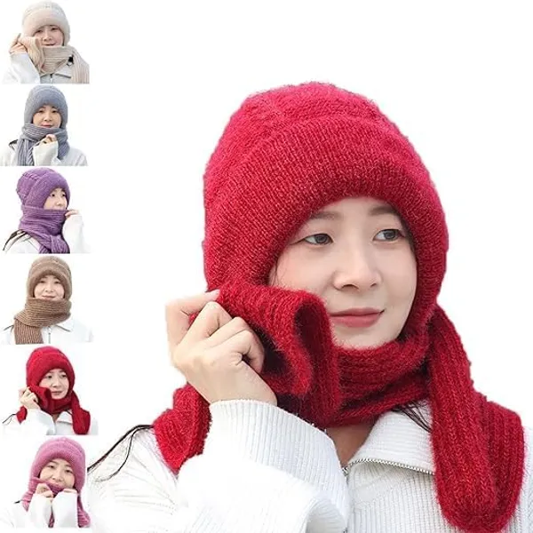 2-In-1_Winter_Beanie_Hat_With_Scarf_–_Warm_Knitted_Cap_With_Integrated_Ear_Protection,_Windproof_Stretchy_Scarf_Hat_For_Women_(1Pc,_Multicolor)