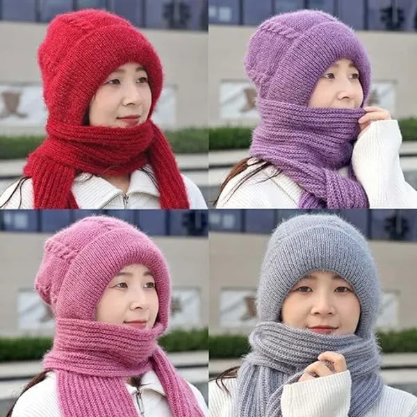 2-In-1_Winter_Beanie_Hat_With_Scarf_–_Warm_Knitted_Cap_With_Integrated_Ear_Protection,_Windproof_Stretchy_Scarf_Hat_For_Women_(1Pc,_Multicolor)
