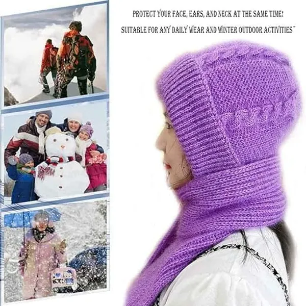 2-In-1_Winter_Beanie_Hat_With_Scarf_–_Warm_Knitted_Cap_With_Integrated_Ear_Protection,_Windproof_Stretchy_Scarf_Hat_For_Women_(1Pc,_Multicolor)