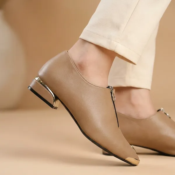 Beige_Pointed_Toe_Block_Heel_Ankle_Boots_With_Front_Zipper