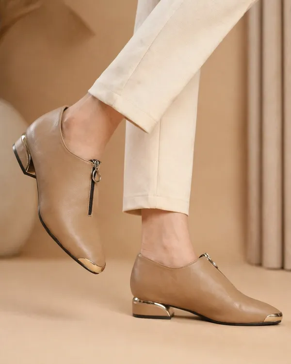 Beige_Pointed_Toe_Block_Heel_Ankle_Boots_With_Front_Zipper