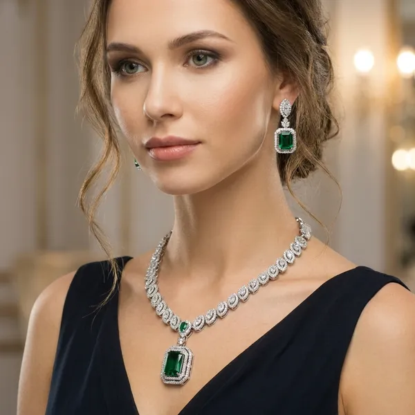 Silver_Alloy_Emerald_Pendant_Necklace_Set_For_Women