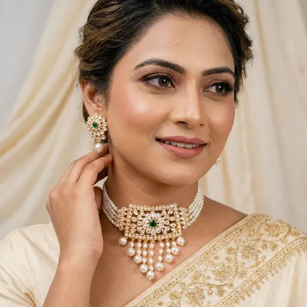 Golden_Alloy_Emerald_Pearl_Choker_Set_For_Women