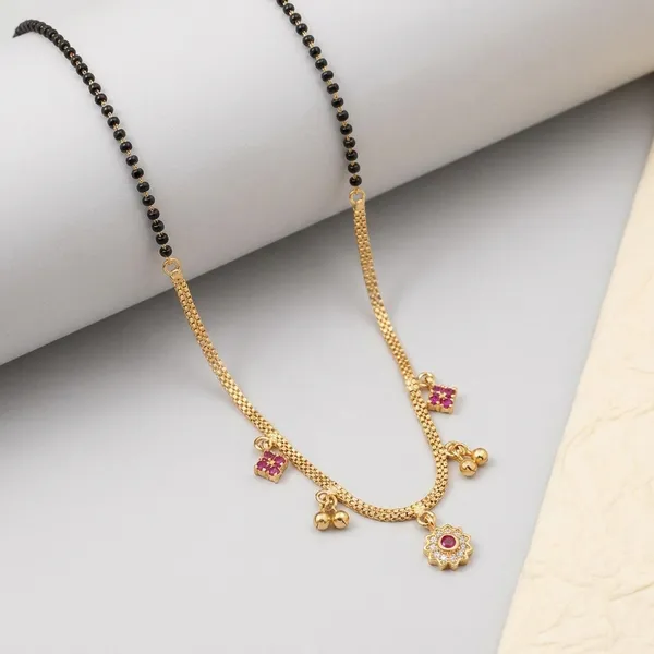Dual-Tone_Black_And_Gold_Mangalsutra_Set_With_Pink_Stone_Floral_Pendant_And_Traditional_Black_Beaded_Mangalsutra_With_Golden_Pendant_Charms_(Pack_Of_2)