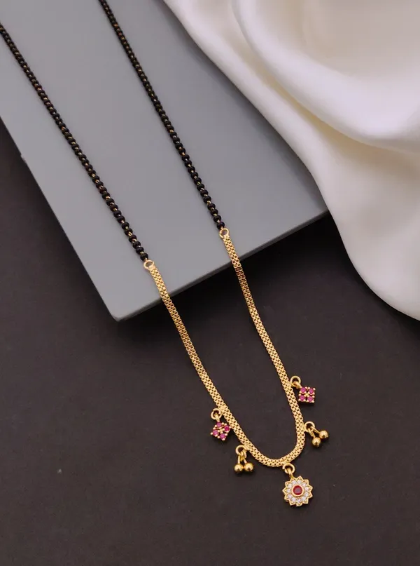 Dual-Tone_Black_And_Gold_Mangalsutra_Set_With_Pink_Stone_Floral_Pendant_And_Traditional_Black_Beaded_Mangalsutra_With_Golden_Pendant_Charms_(Pack_Of_2)